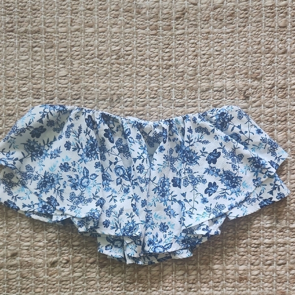 Blue and White Off Shoulder Cropped Blouse with Delicate Design - Picture 1 of 5